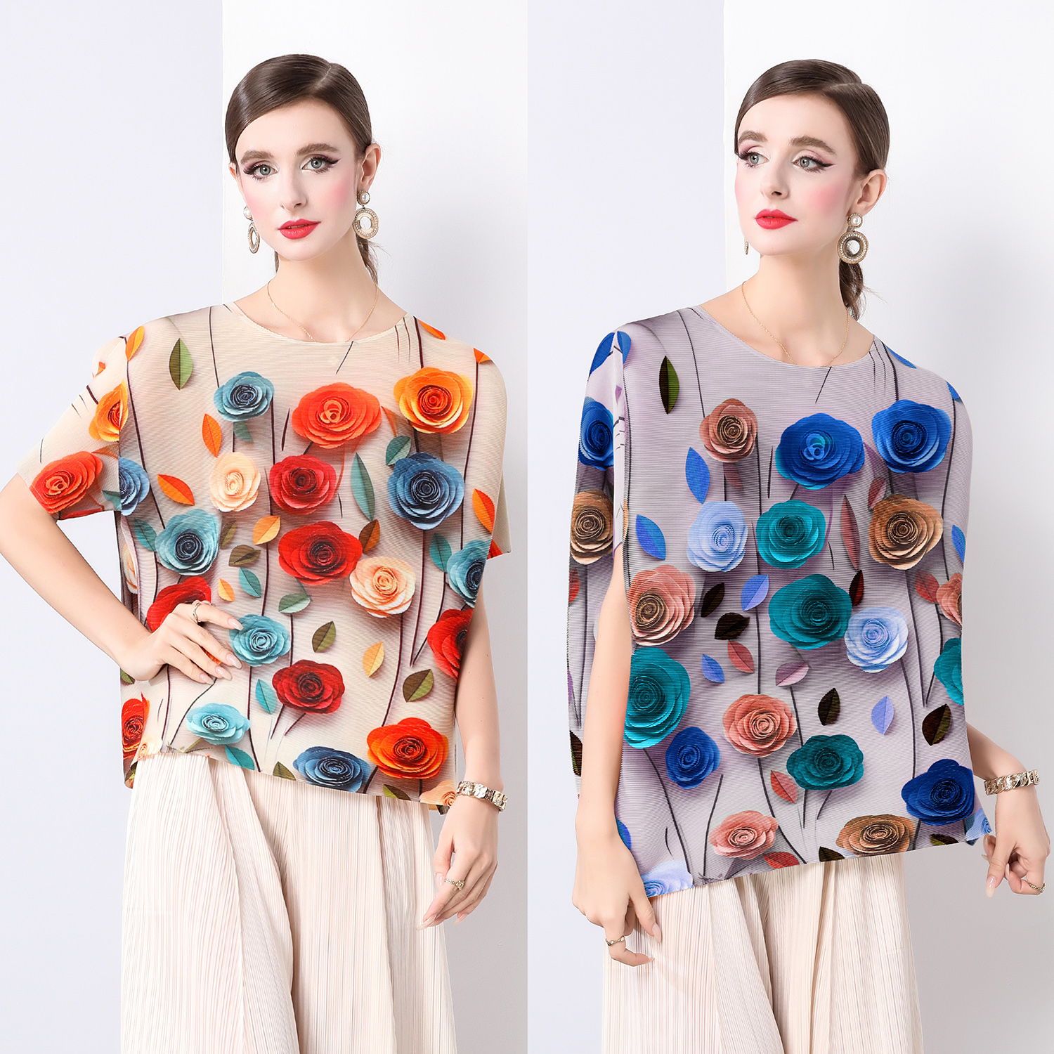 Miyake's new pleated versatile T-shirt with a simple and age reducing rose print, loose and comfortable top for women