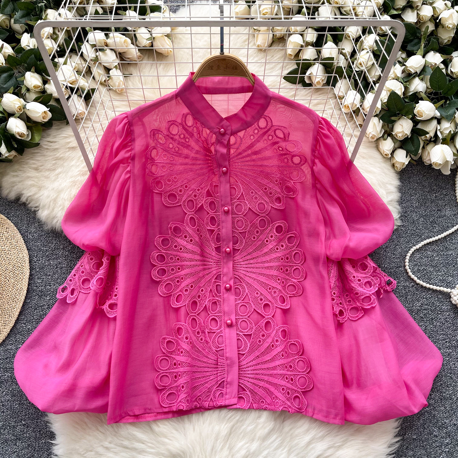 French and Western style design with lantern sleeves, hollowed out lace embroidery shirt, versatile and unique for women, transparent mesh top, trendy