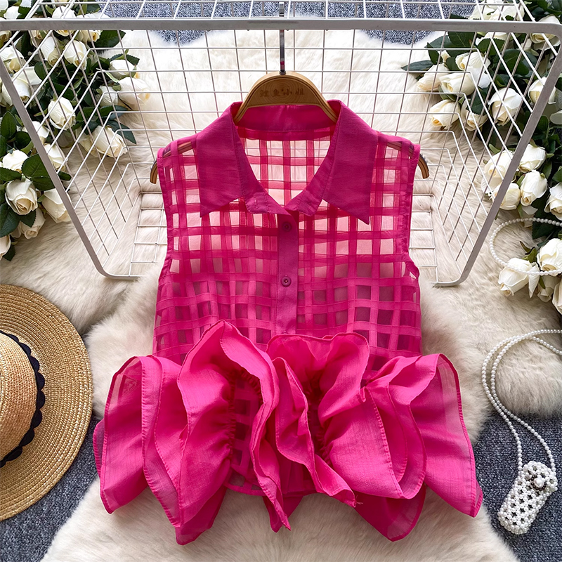 European fashion top for women's summer design, heavy three-dimensional flower bud splicing, thin plaid sleeveless chic shirt
