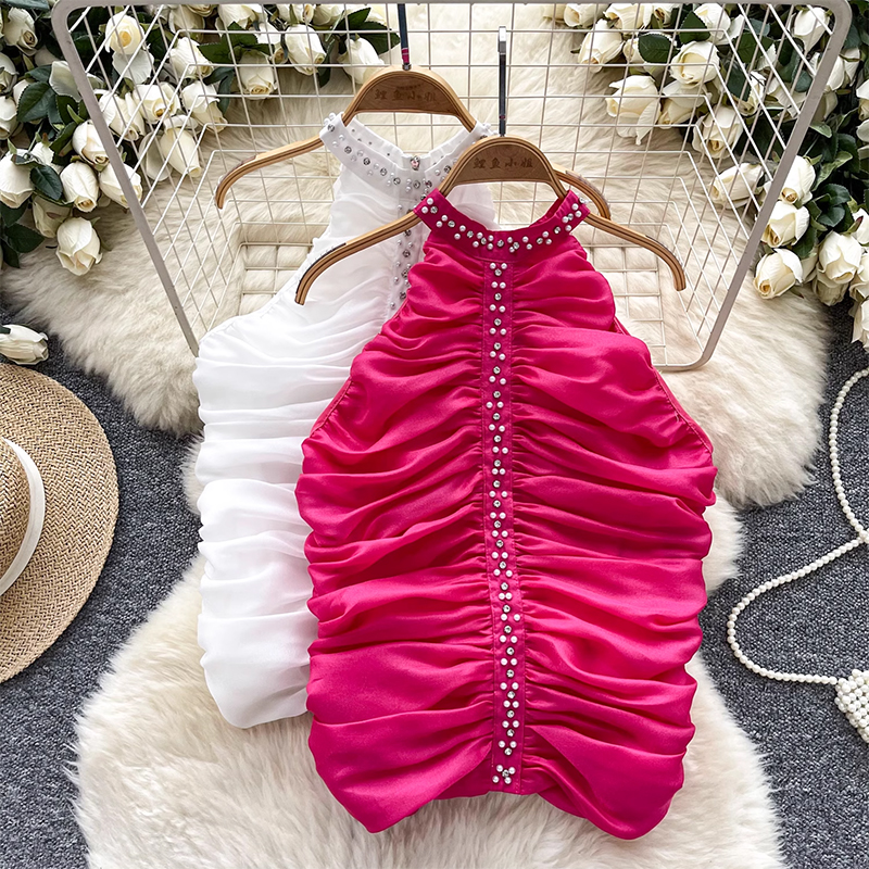 Light luxury socialite heavy industry diamond studded nail bead top women's 2025 summer French style hanging neck sleeveless vest women's pleated shirt