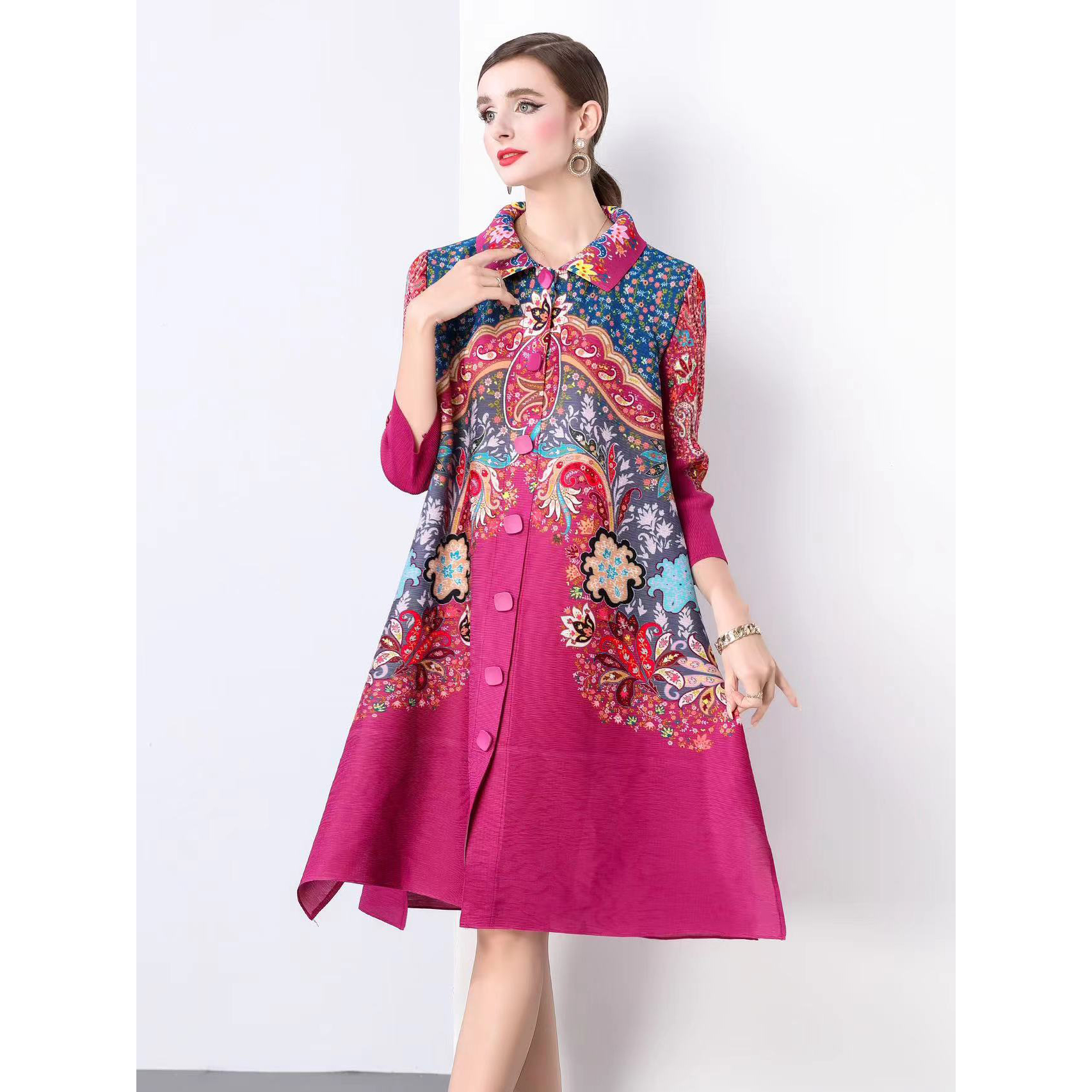 Sanzhai Spring and Autumn Mid length Loose Printed Slimming and Age Reducing Large Size MM Dress with Collar Fold and Nine Cent Sleeve