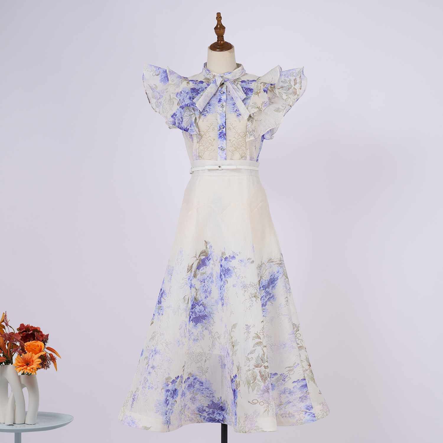 Real time spot Australian new palace style stand up collar with ruffled edges and diamond buttons, sleeveless wide swing dress set in 5 colors