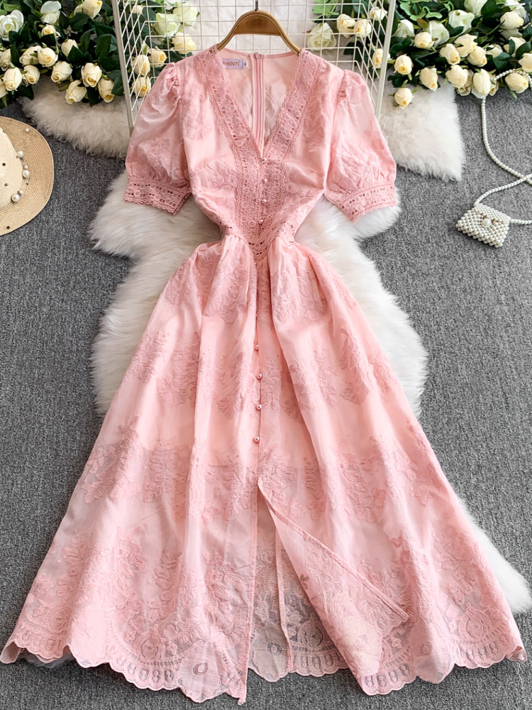 French gentle pink heavy embroidery V-neck bubble sleeve dress for women, new single breasted waist cinching slimming long dress