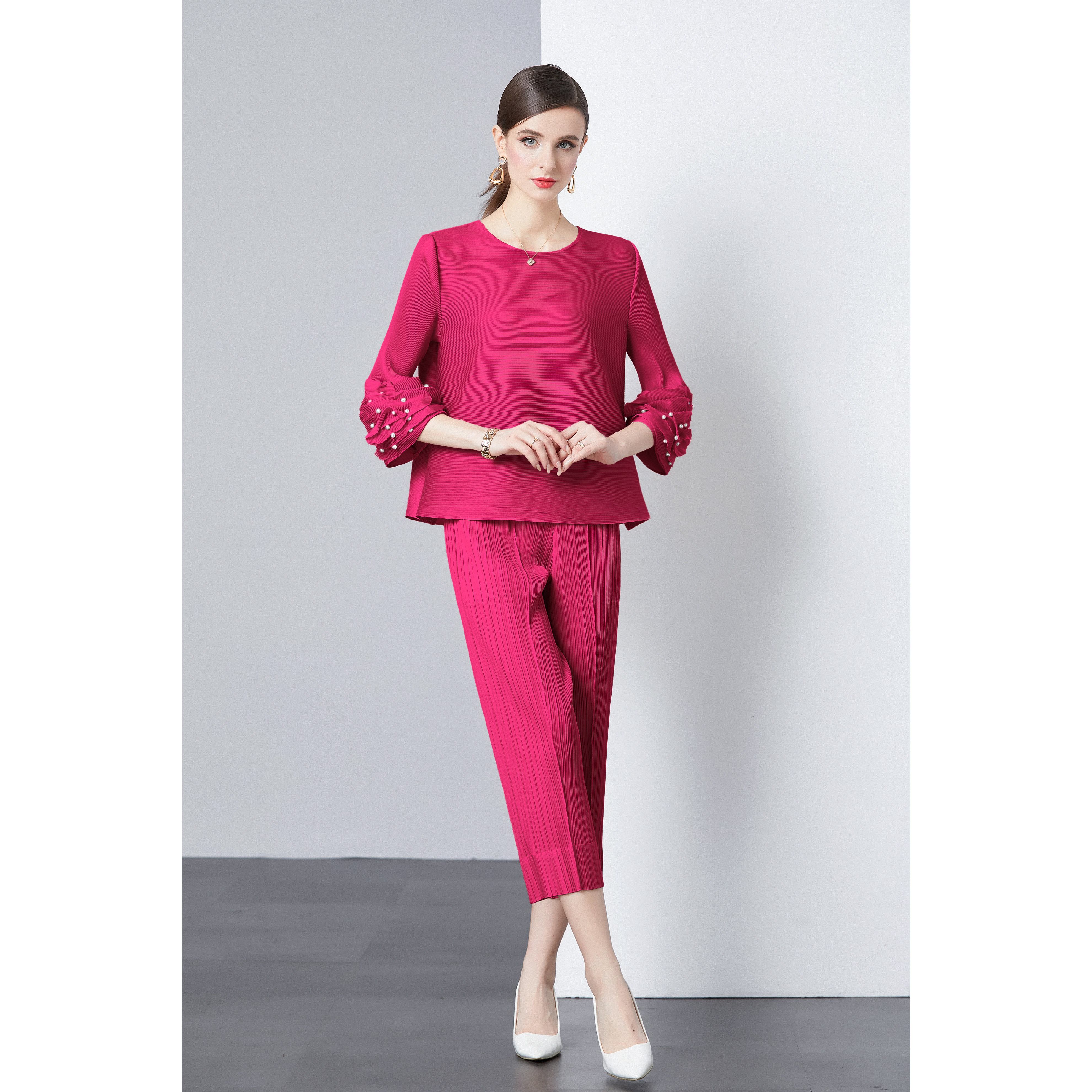 Miyake Summer Horn Sleeve Nail Bead Three Dimensional Embroidered Folded Loose Top Nine Cent Pants Drop Feel Casual Pants Set