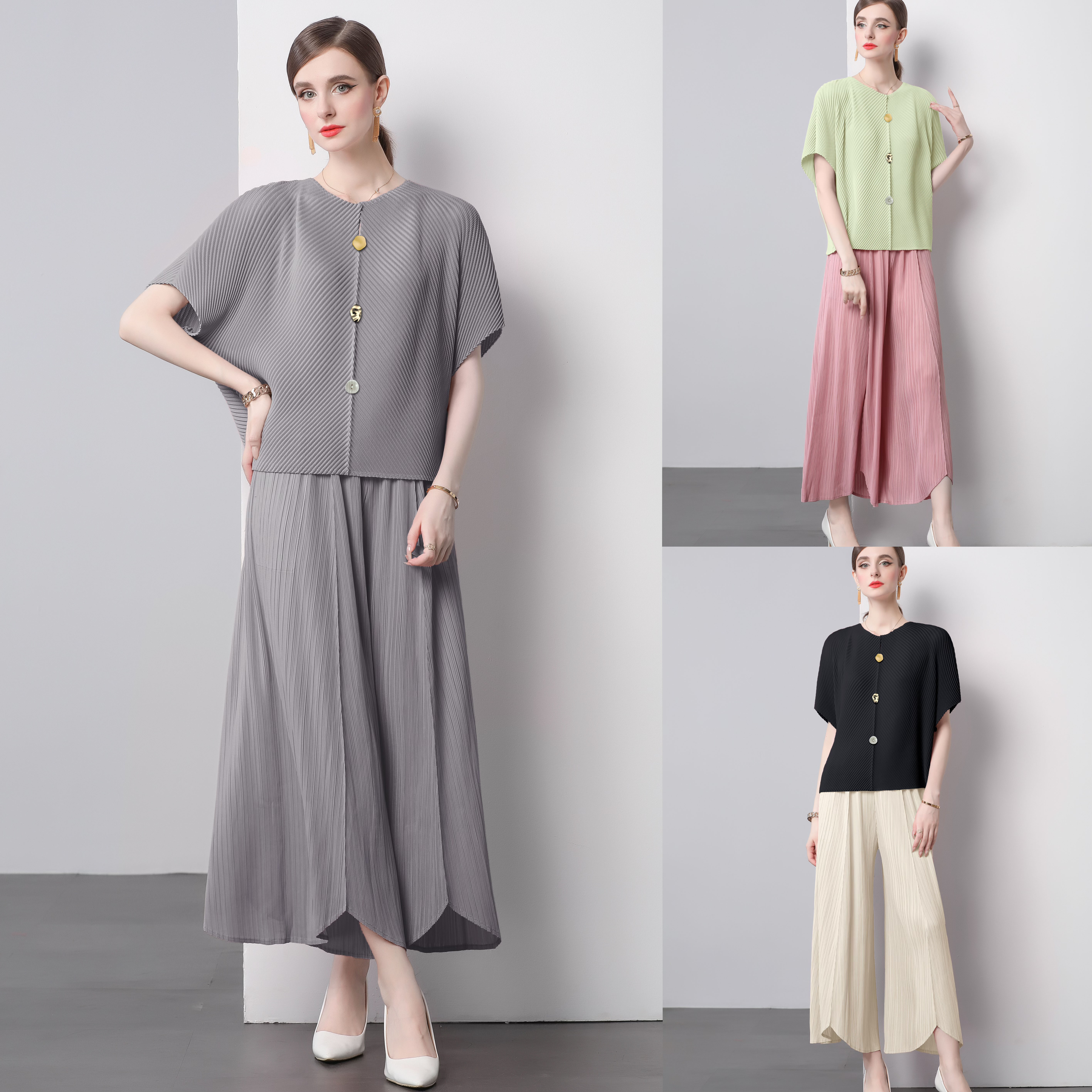 Miyake 24 summer dragon scale pleated top versatile loose fit slimming short sleeved T-shirt+simple wide leg pants cropped pants