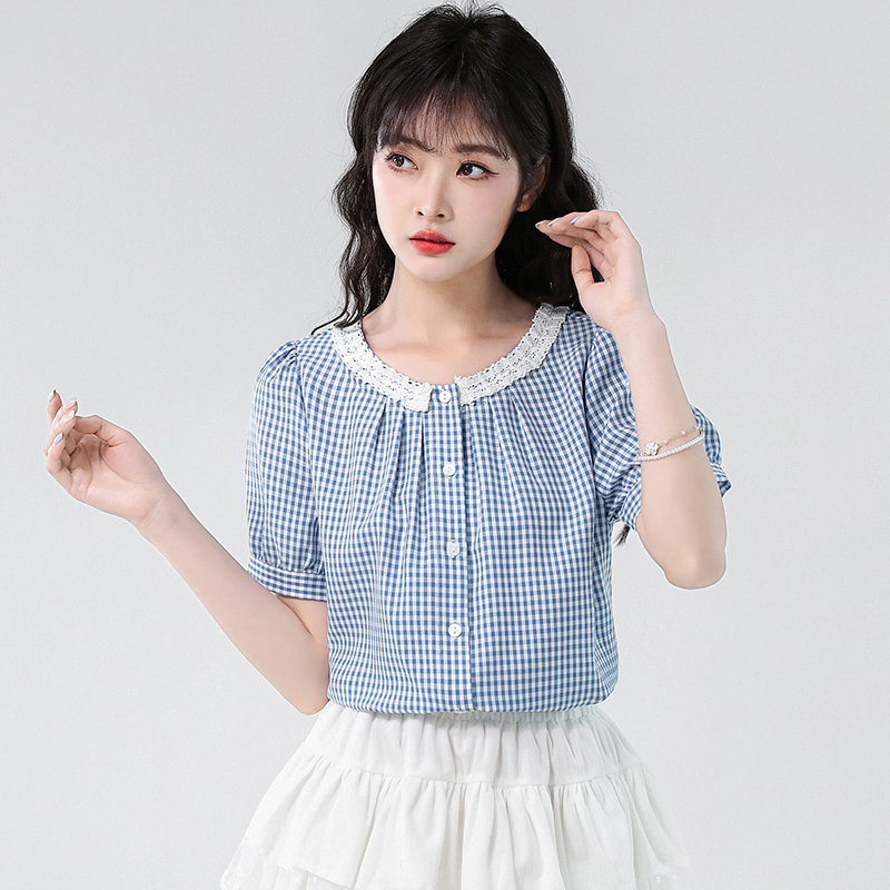 Blue checkered shirt women's 2025 summer new item contrasting lace collar bubble sleeve top