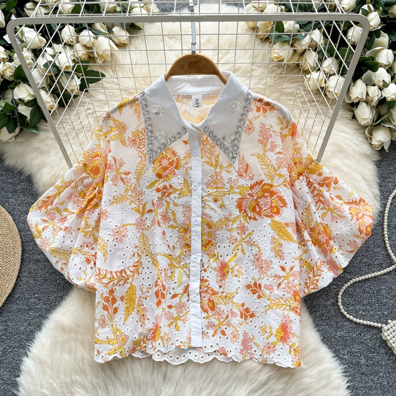 European style fashionable shirt for women with diamond studded doll collar, lantern sleeves, hollowed out embroidery cardigan, women's French top