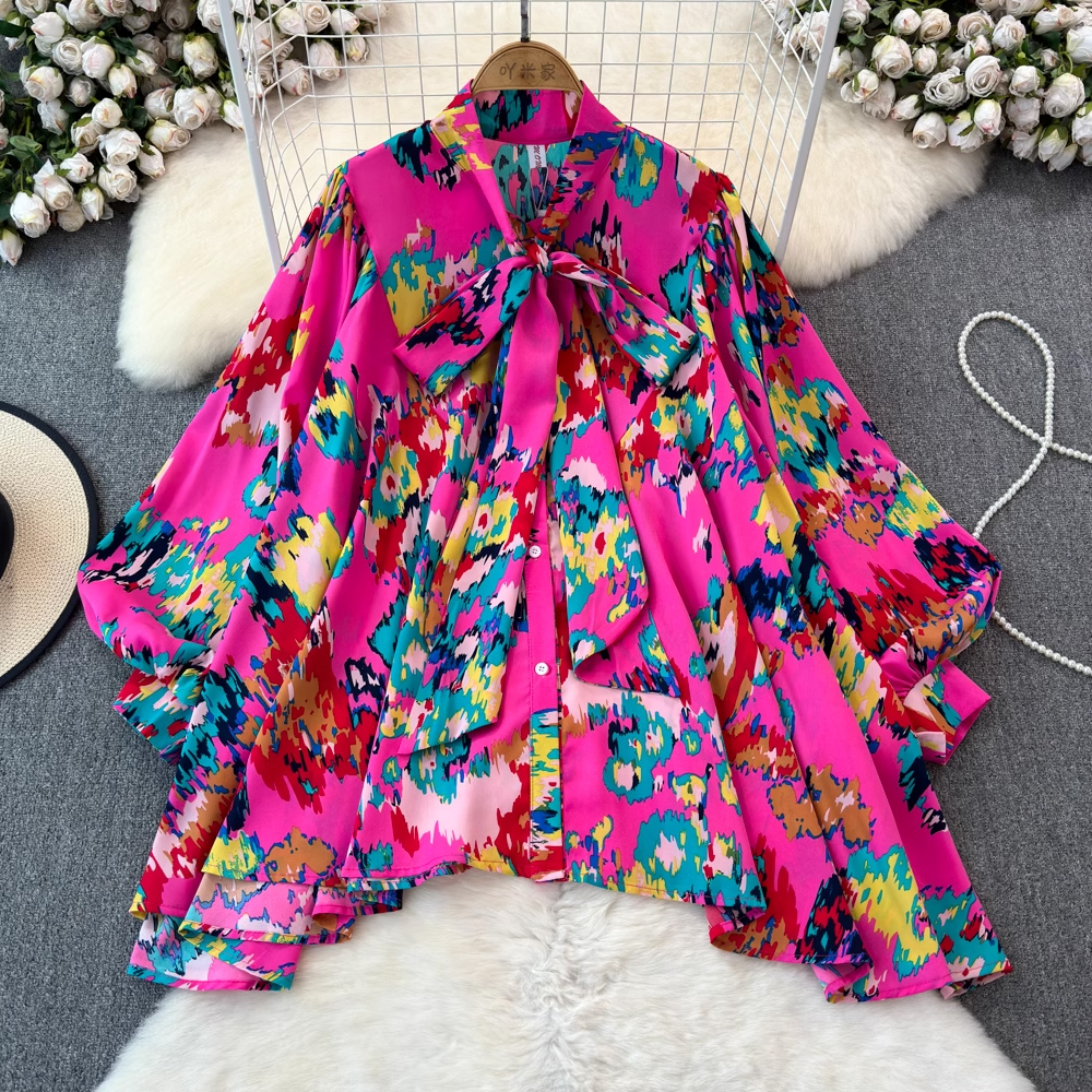 2025 new European style high-end and unique design, niche bow tie floral lantern sleeve shirt