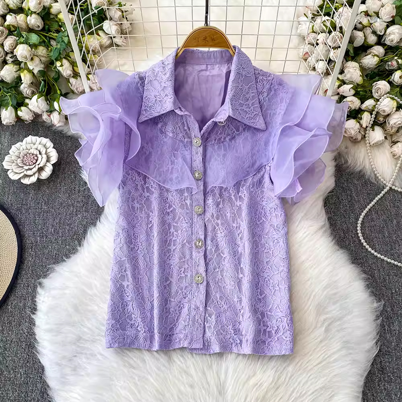 Sweet and age reducing lace patchwork ruffle sleeve lapel shirt for women in summer 2025, single breasted slim fit and slimming top