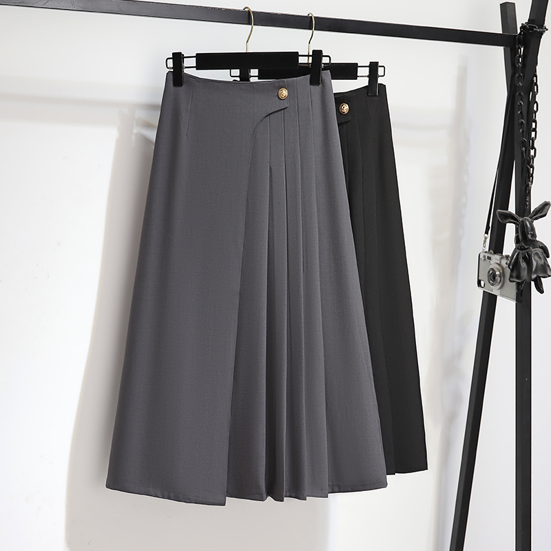 French gray high-end irregular design half skirt fat mm spring high waist slimming A-line pleated skirt