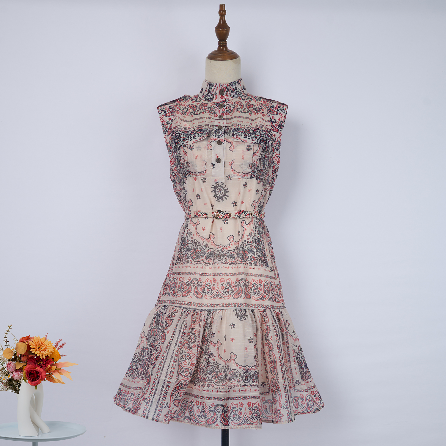 Real shot spot Australian brand stand up collar single breasted sleeveless positioning printed dress short skirt with belt+suspender