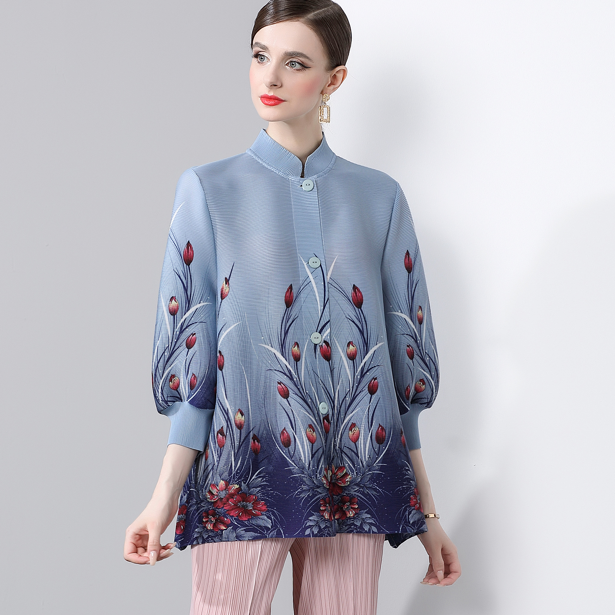 Miyake National Style Folding 2025 New Summer Style Printed Top Coat Lantern Sleeve Women's Large Size Women's Wear MM