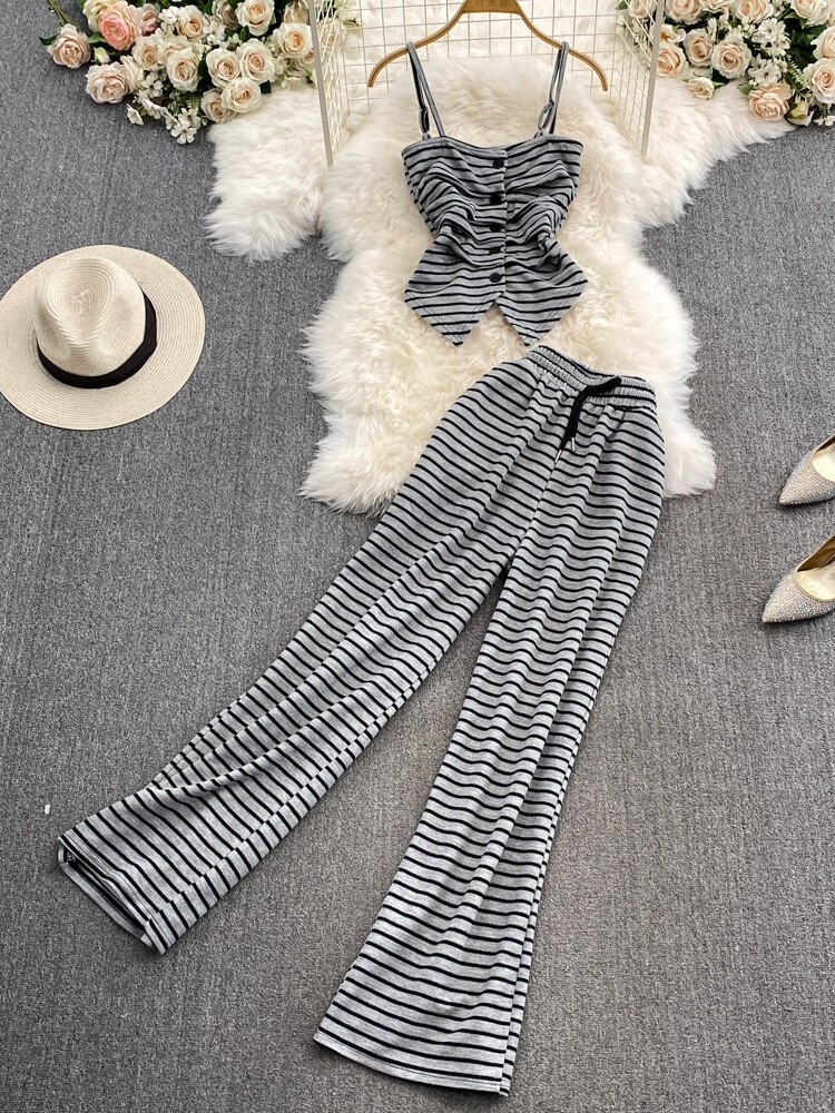 Korean version 2025 summer new pleated irregular stripe tank top+high waist slimming wide leg pants two-piece set