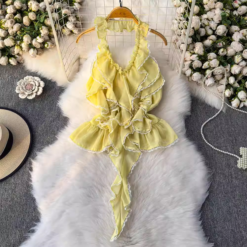 Sweet and Spicy Girl Lotus Leaf Lace Hanging Neck Strap Female 2025 Summer New Slim and Sensual backless Top