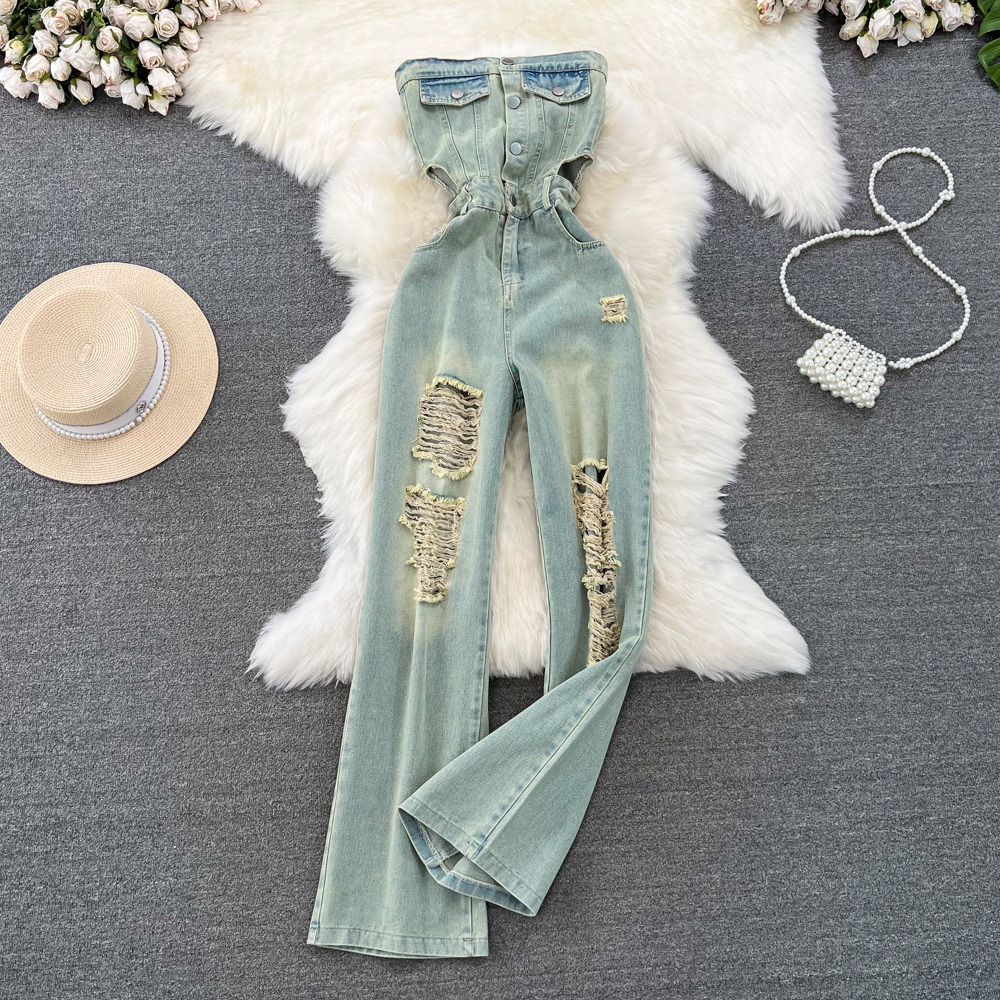 Summer American retro strapless and exposed waist jumpsuit casual high waist slimming ripped denim wide leg pants jumpsuit for women