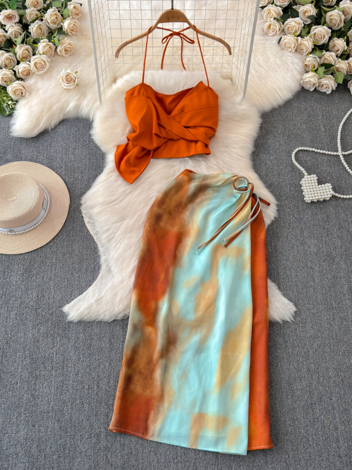 Summer dopamine camisole vacation style gradient orange tie dye half skirt knot design niche long skirt two-piece set
