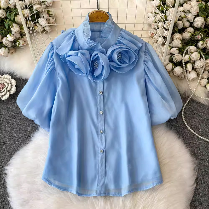 2025 new French high-end bubble sleeve shirt with women's design sense, three-dimensional flower loose and slimming chiffon top