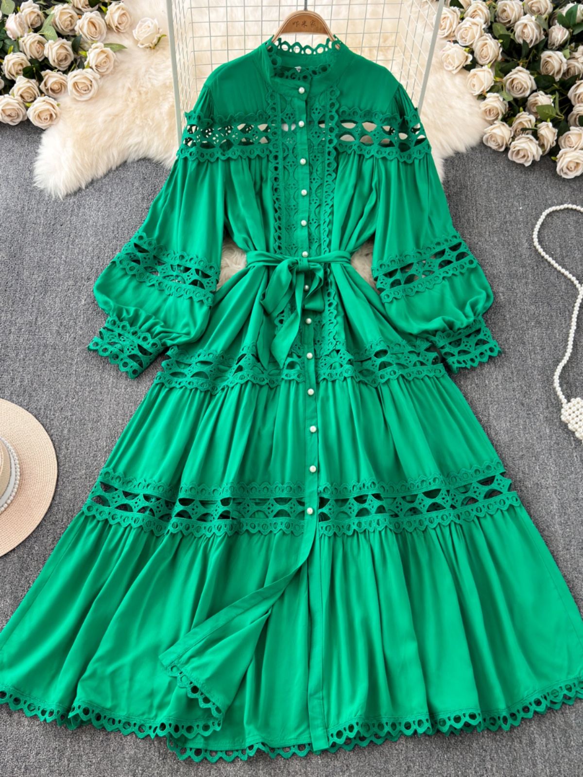Spring and Autumn Retro Palace Style Lantern Long sleeved Stand up Collar, Waist cinched to Look Skinny, A-line Hollow Out Dress, Elegant Dress, Long Skirt