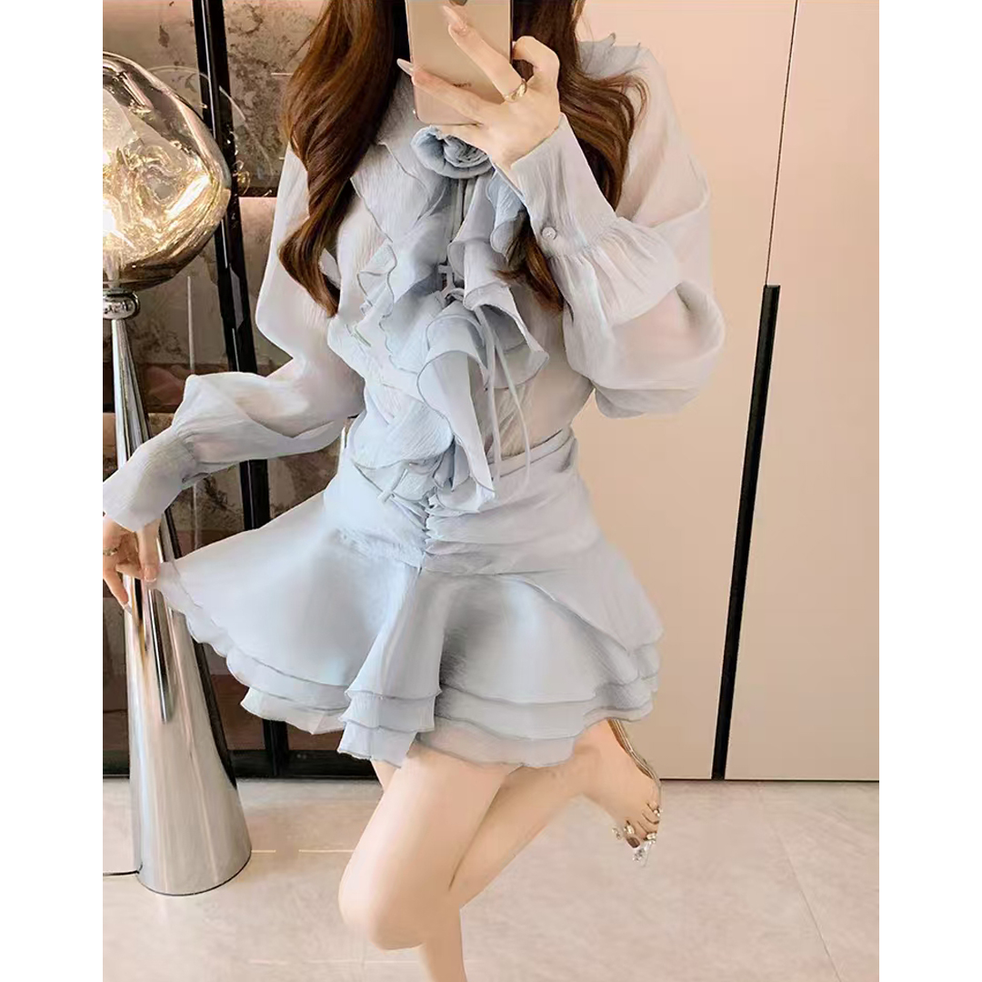 French style small fragrance set for women's early spring high-end French chiffon shirt with ruffled edges and high waist skirt two-piece set