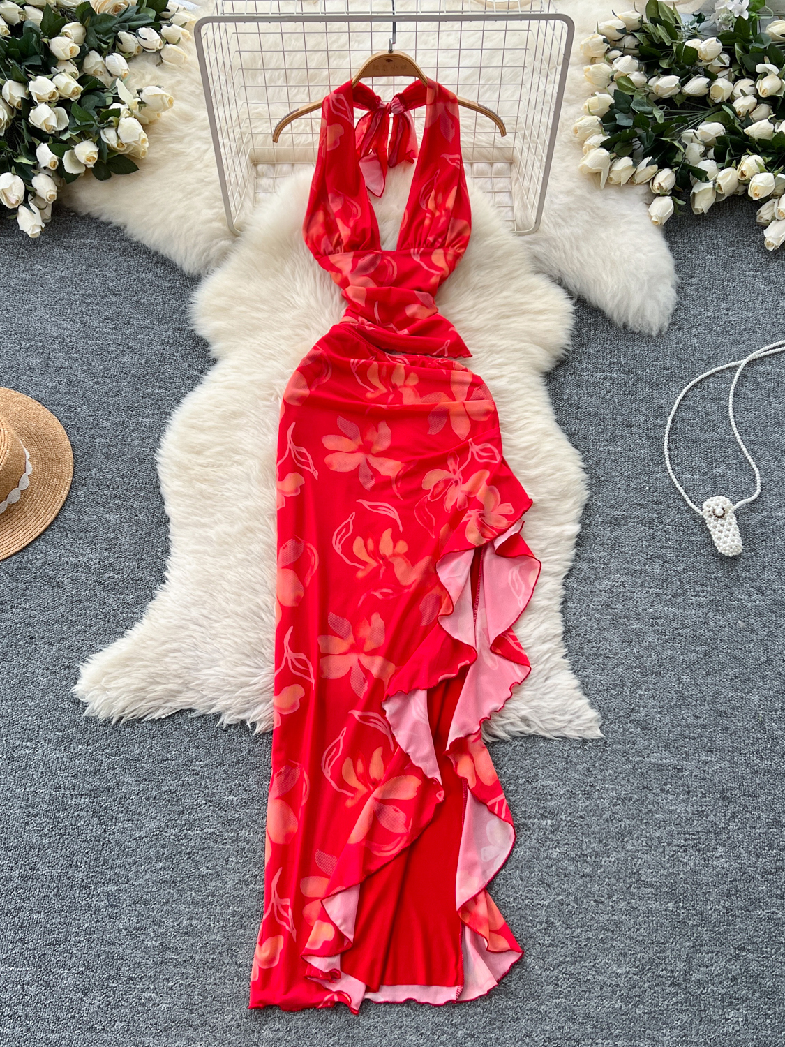 Yujie sexy deep V-neck halter strap backless dress for women in Europe and America, irregular slit lotus leaf edge skirt