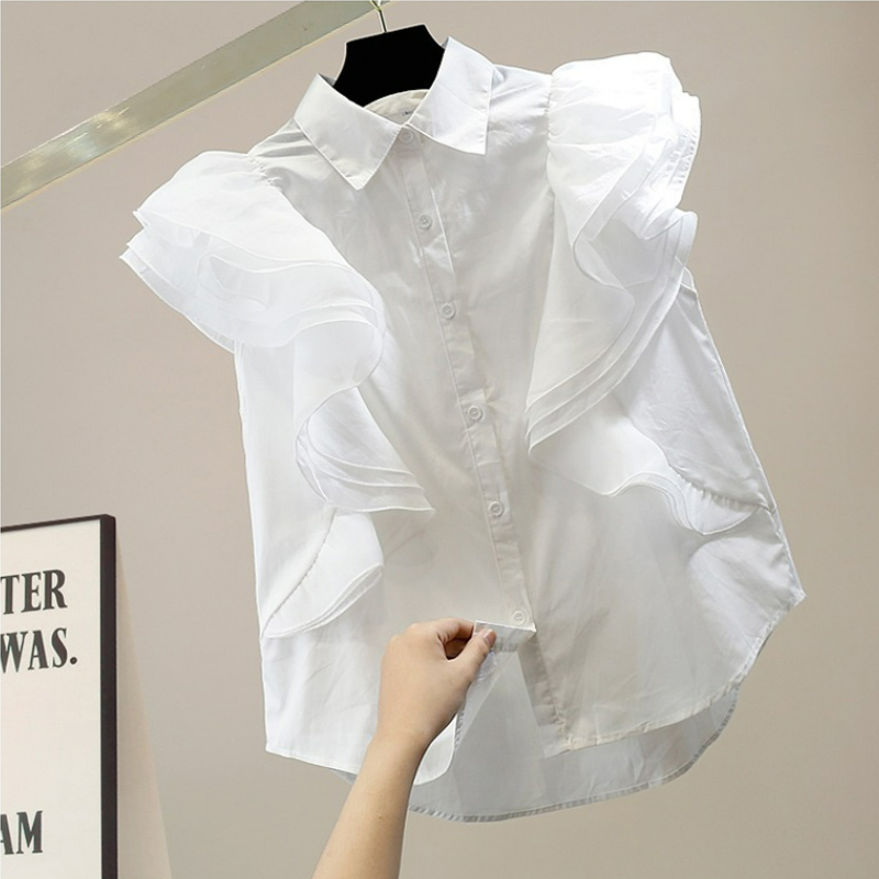 European niche design with ruffled edge shirt for summer new women's versatile look, slimming temperament, simple solid color top