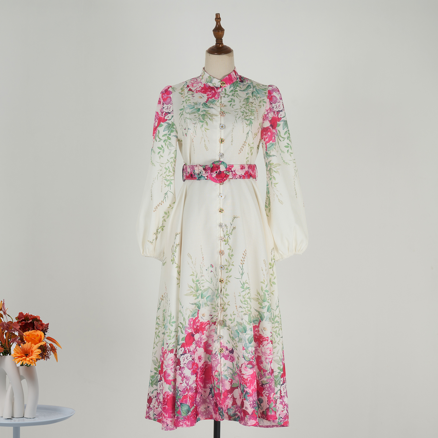 Real shot spot spring/summer European and American stand up collar bubble long sleeved lace up waist cinching single breasted positioning printed pink floral long dress