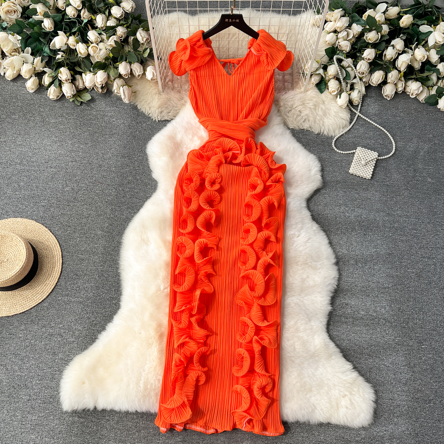 Banquet style dress, light luxury, niche, pleated, three-dimensional ruffle edge, slim fit, long style dress for women