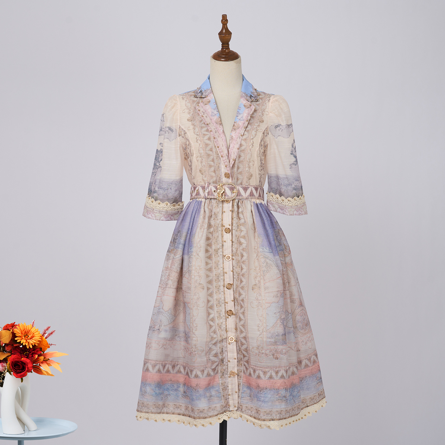 Real shooting spot Australian vacation style single breasted dress, Hainan Airlines positioning print retro suit collar silk linen short skirt