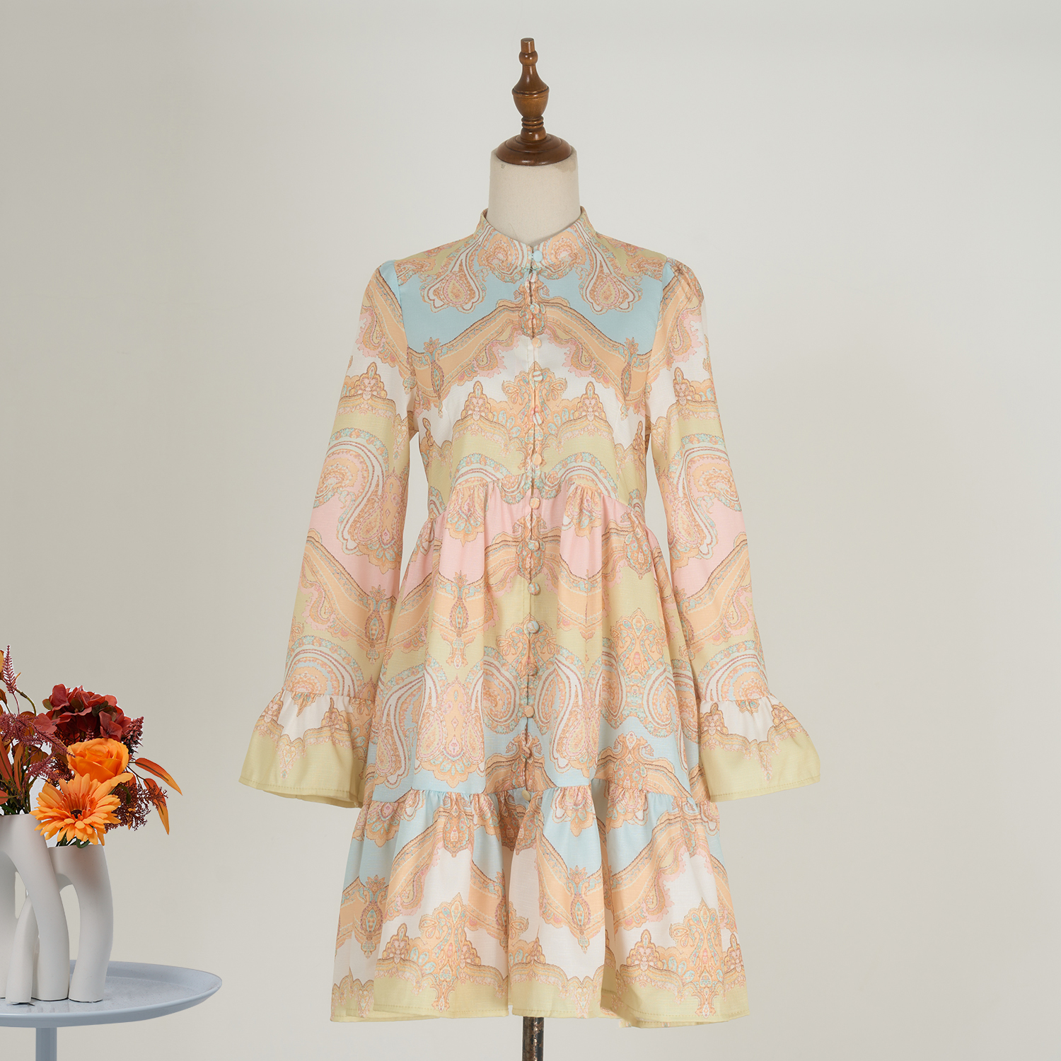 Real shot spot 025 early spring vacation Australian printed high waisted long sleeved dress design sense single breasted short skirt for women