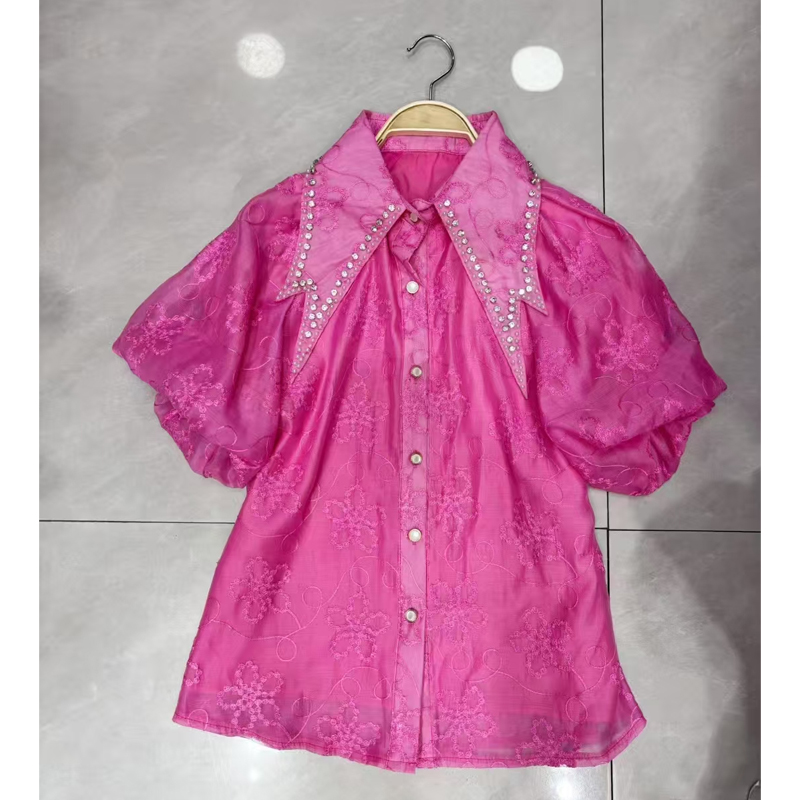Design sense heavy industry diamond inlaid bubble sleeve shirt for women's summer 2025 new style temperament slim fit lace patchwork top