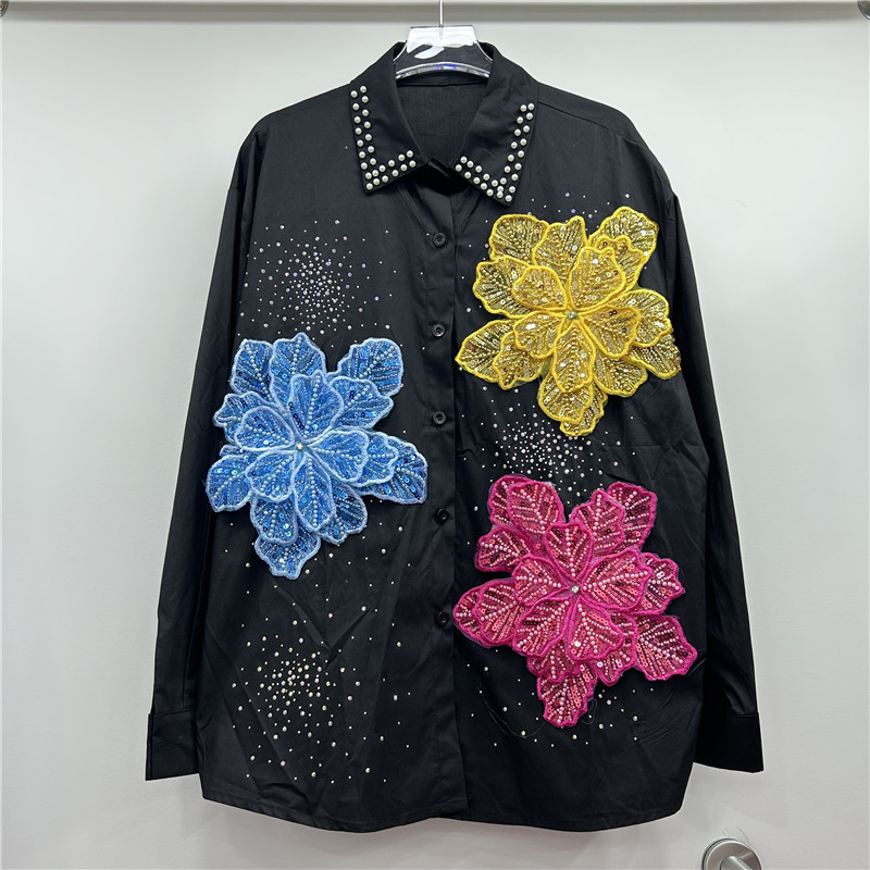 European and American design sense Polo collar nail bead shirt women's flower inlaid diamond loose niche socialite temperament shirt top trend