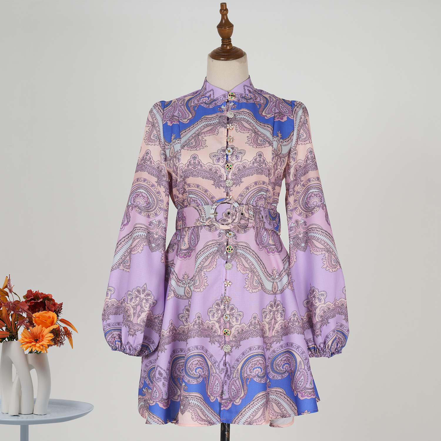 Real time stock of 2025 spring/summer purple retro print stand up collar lace long sleeved high waisted jumpsuit short skirt