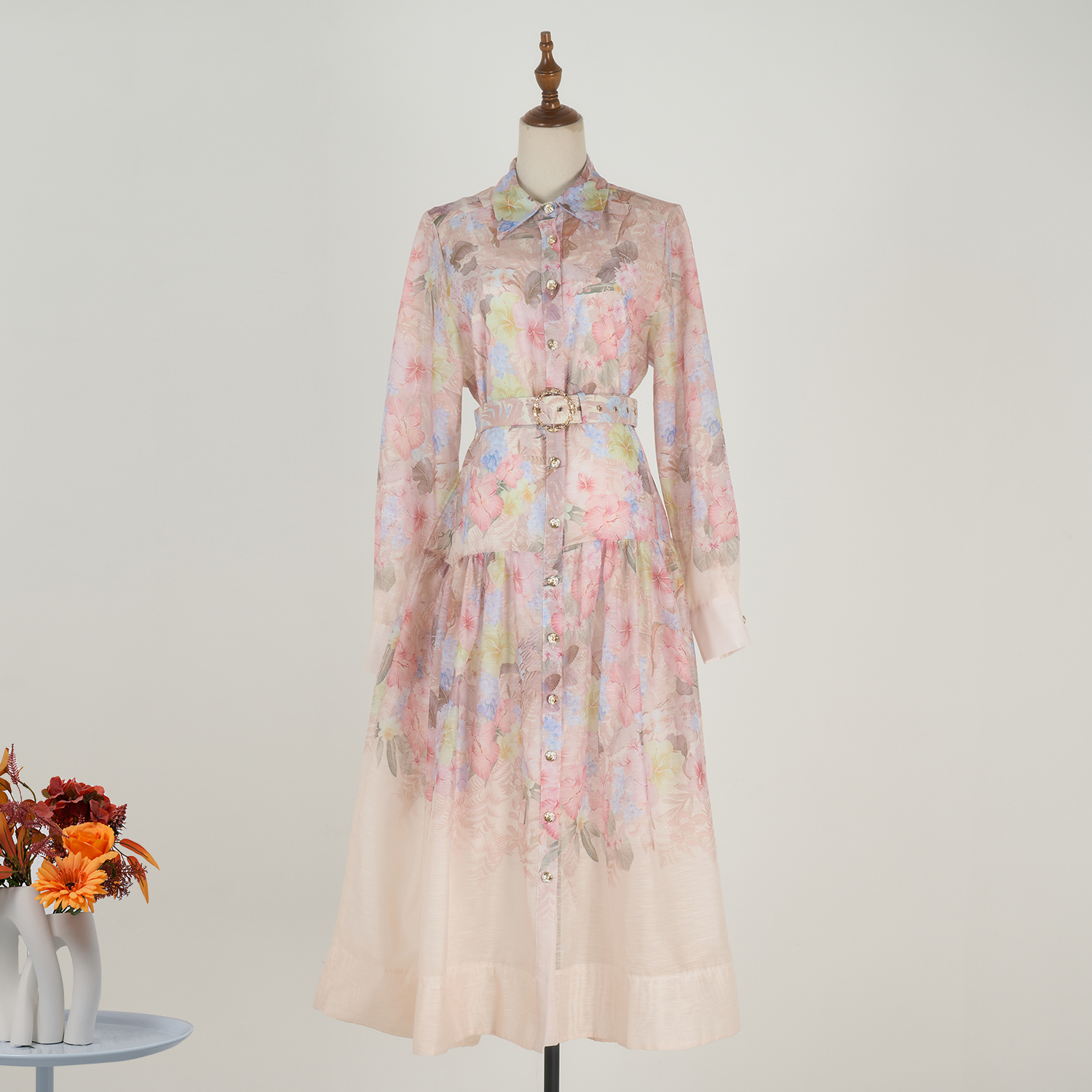 Real time spot Australian spring and summer new printed linen multi-color embroidery pattern buckle front long dress