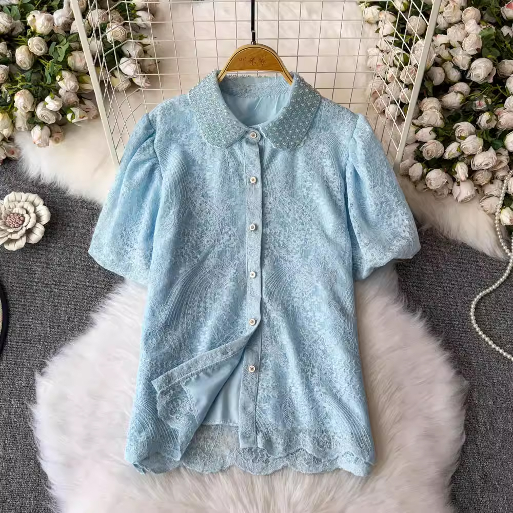 European style white small fragrance heavy industry nail bead lapel lace shirt for women in summer, sweet and age reducing embroidery base top