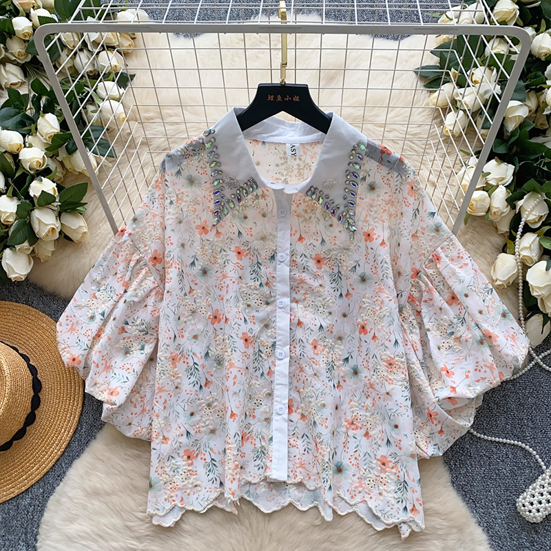 Light luxury heavy industry nail drill lapel lantern sleeve embroidered shirt women's summer palace style versatile single breasted casual top