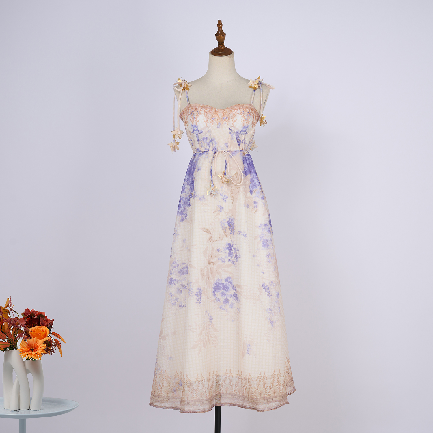 Real time spot summer new floral print suspender fishbone waist cinching fairy dress travel vacation dress