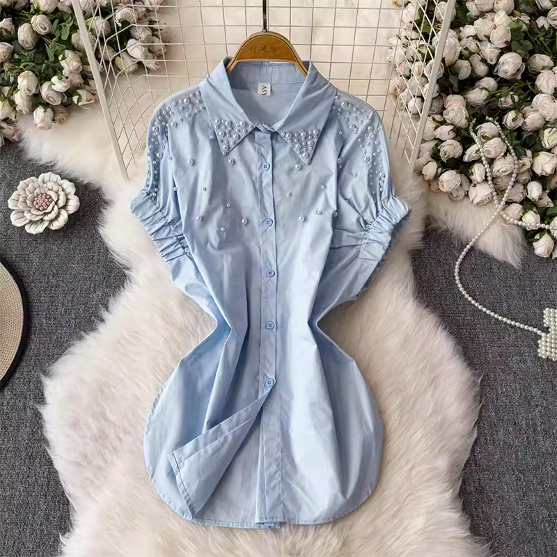 Design sense: Western style heavy industry nail bead bubble sleeve shirt for women in summer 2025 plus size, fat mm, front shoulder, loose and slimming top