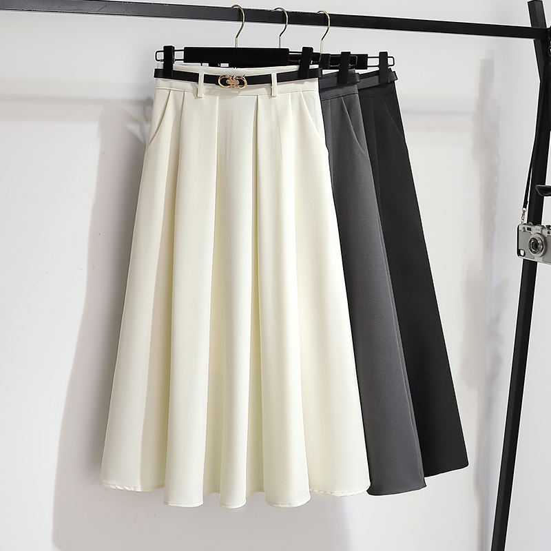 Summer style simple commuting temperament versatile high waisted A-line skirt with belt pleated solid color skirt for women