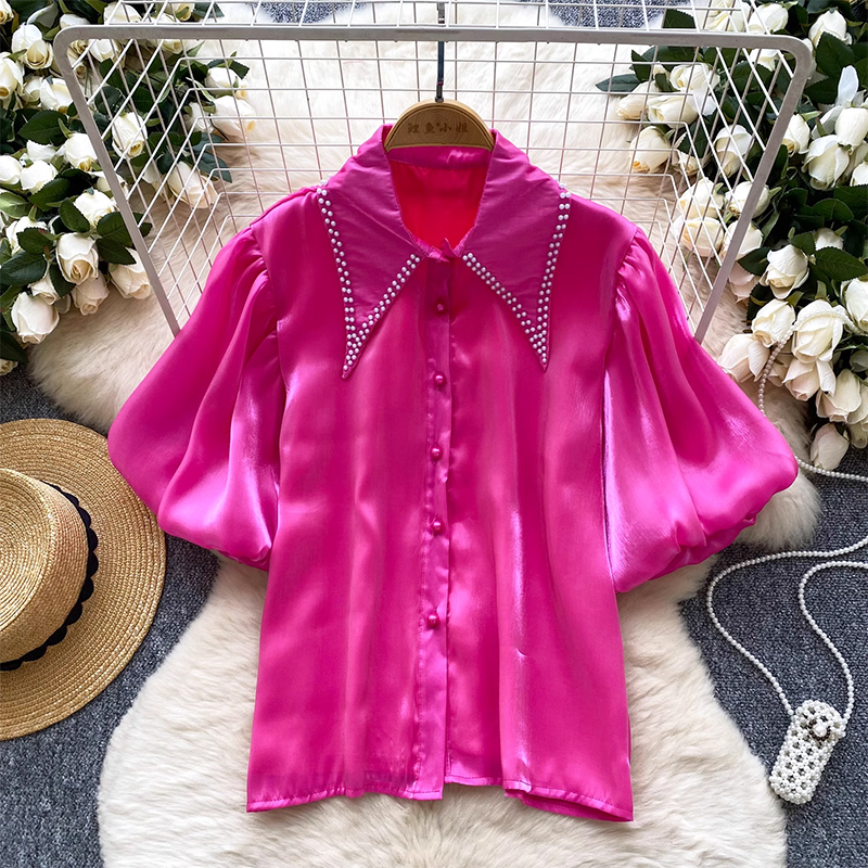 French luxury socialite nail bead doll collar lantern sleeve shirt, women's high-end fashion flowing satin cardigan top