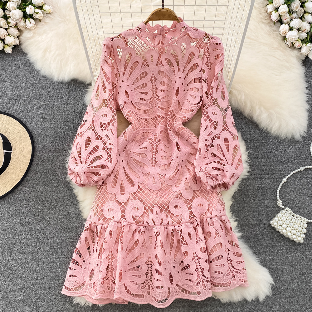 Retro court style stand up collar with bubble sleeves, cinched waist for slimming effect, A-line ruffle edge hook flower hollow out water-soluble lace dress
