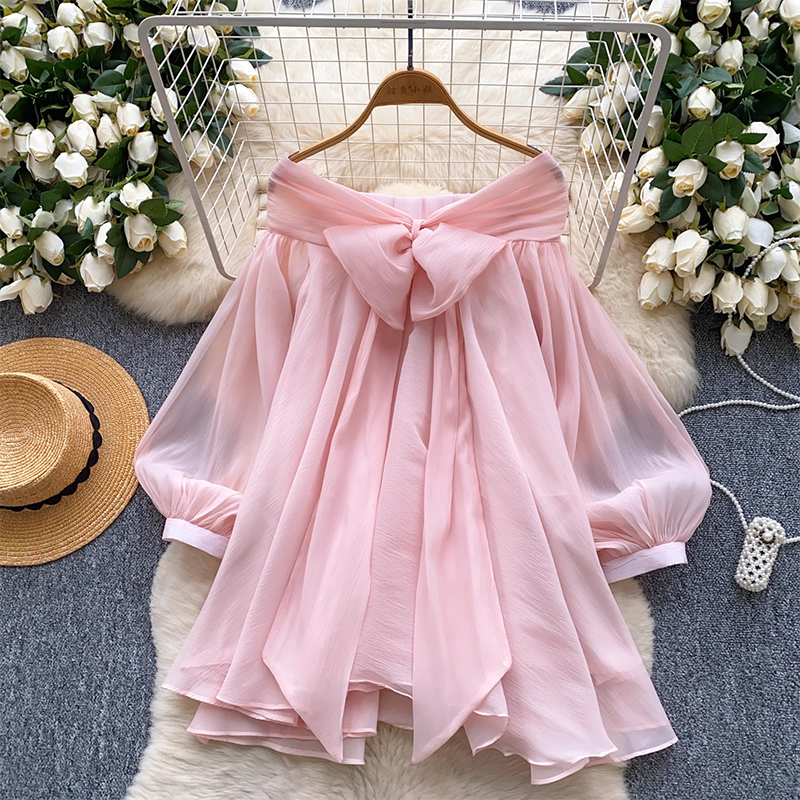 Thai designer butterfly knot bubble sleeve off shoulder organza romantic style dress in 3 colors