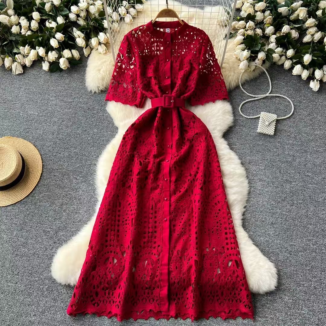 Retro hollowed out water-soluble lace dress, summer new heavy industry dress