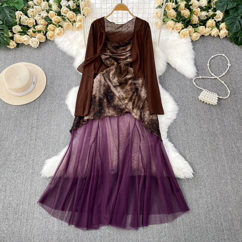 French mesh splicing unique and chic fairy waist cinched camisole dress two-piece set for wearing outside temperament cardigan jacket