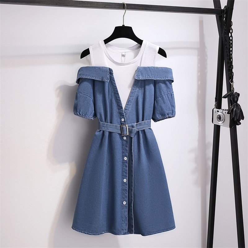 Large off shoulder denim dress for women in summer, chubby little sister in mm, slim fit and slimming, fake two A-line dresses