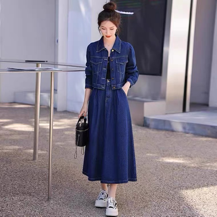 European fashion denim suit skirt, women's new retro style, casual and age reducing half skirt two-piece set