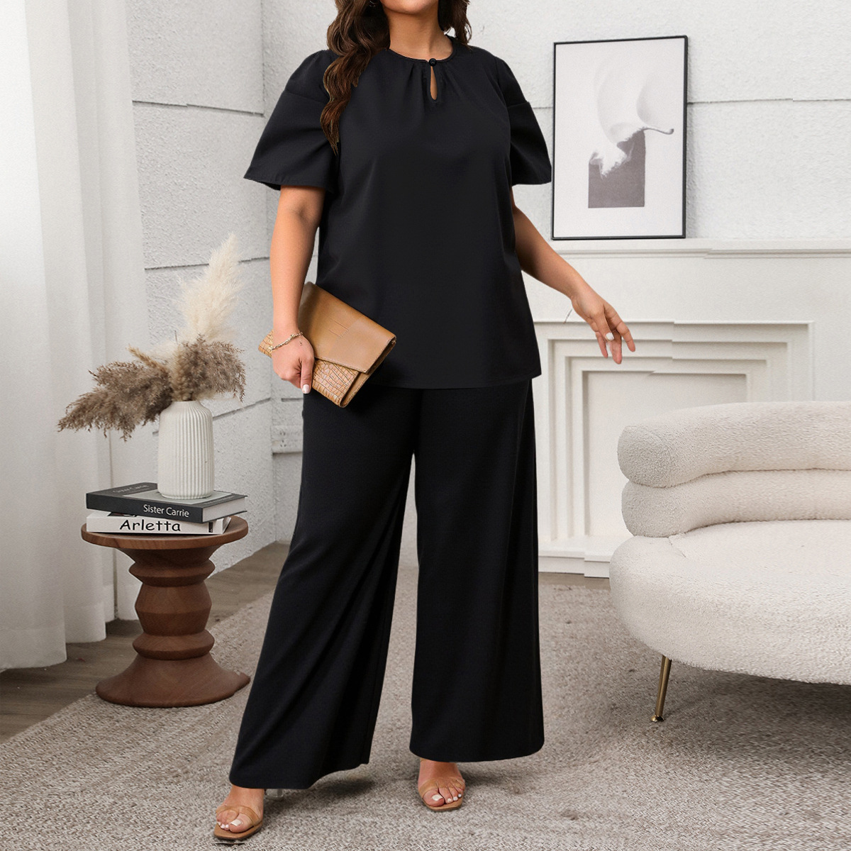 AliExpress 2025 Summer New Set Foreign Trade Amazon Casual Round Neck Short Sleeve Loose Wide Leg Pants Set