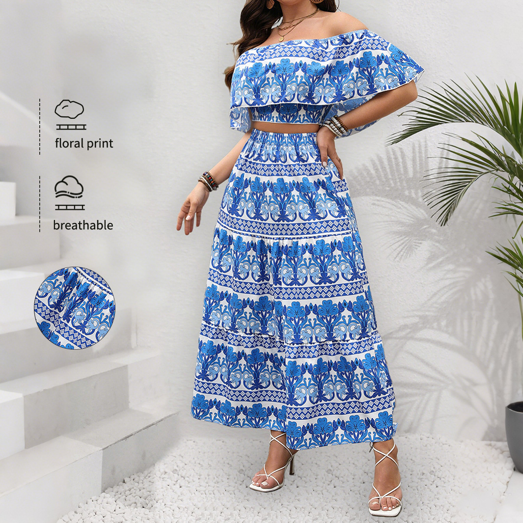 Amazon Cross border 2025 Spring/Summer Women's Foreign Trade Vacation Leisure Printed One Collar Open Umbilical Top Long Skirt Set