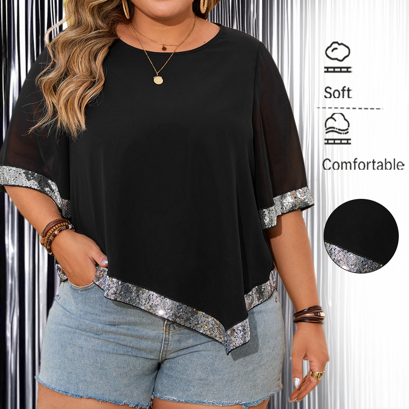 European and American plus size spring/summer women's clothing Amazon foreign trade loose round neck irregular hem top black plus size top