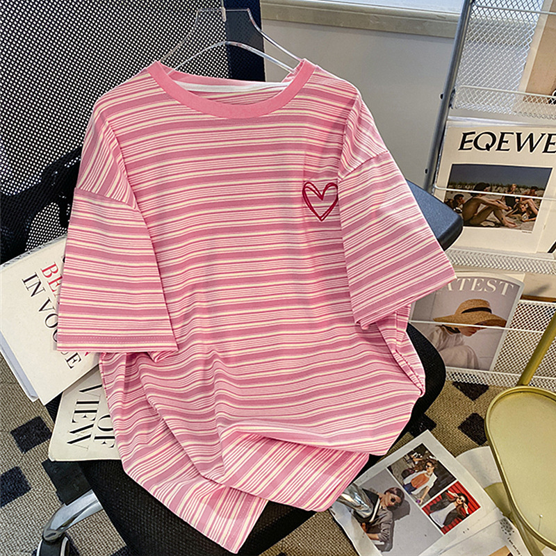 300 kg Fat MM Extra Large Women's Clothing Love Embroidered Striped Short Sleeve T-shirt Women's Summer Loose and Versatile Casual Top