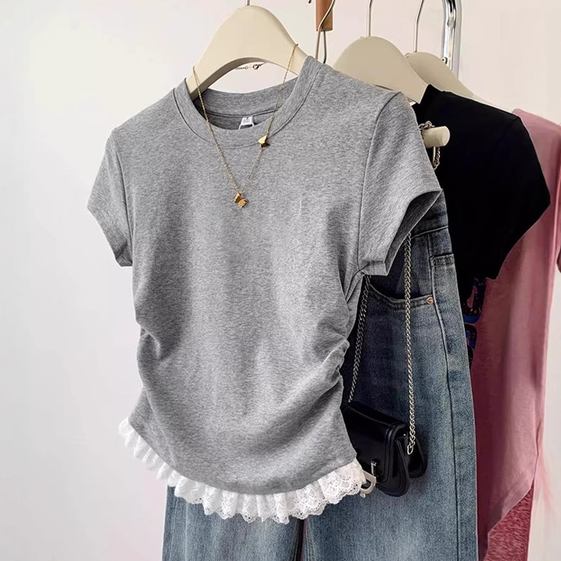 Women's Summer Top Lace Lace Splicing Short Sleeve T-shirt Women's Short Style Slimming Unique and Beautiful Pinch Top ins